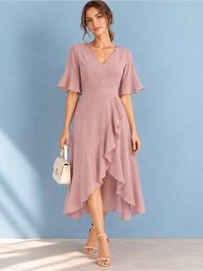 LILYSILK 100% Mulberry Silk Ruffle Midi Dress Pink Tie Waist Sz 12 Romantic